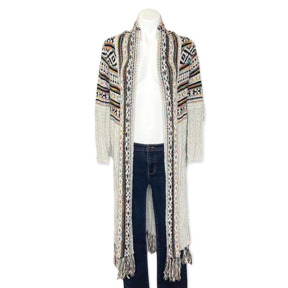 INTHEBEGINNING Fringed Boho Aztec Duster Cardigan Sweater Gray Small